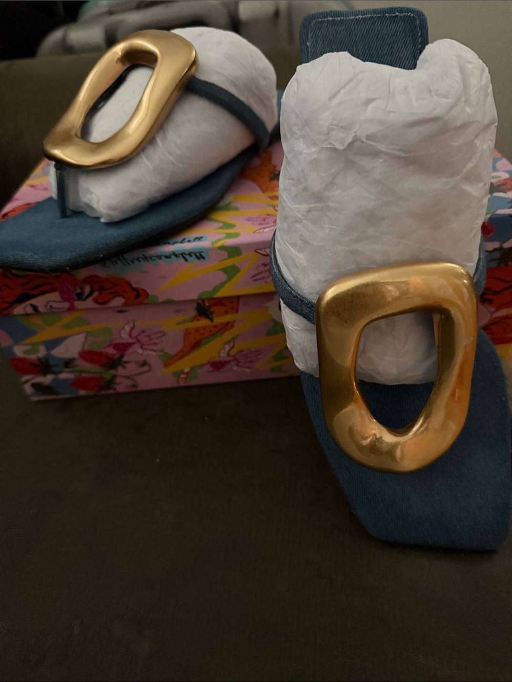 Jeffrey Campbell Linques-2 Thong Sandal in Blue Denim with Gold Accent